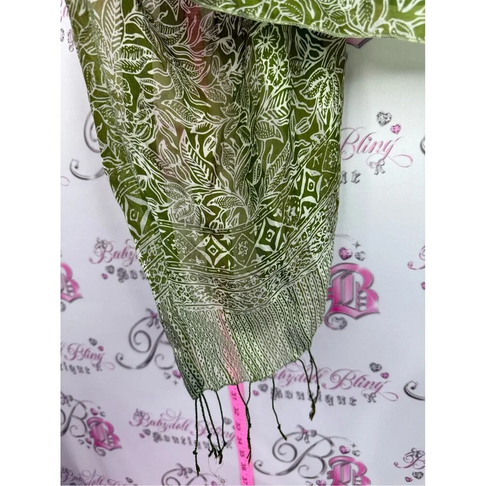 Scarf tassle Lightweight Olive Green Leaf Print Scarf - Women Accessories